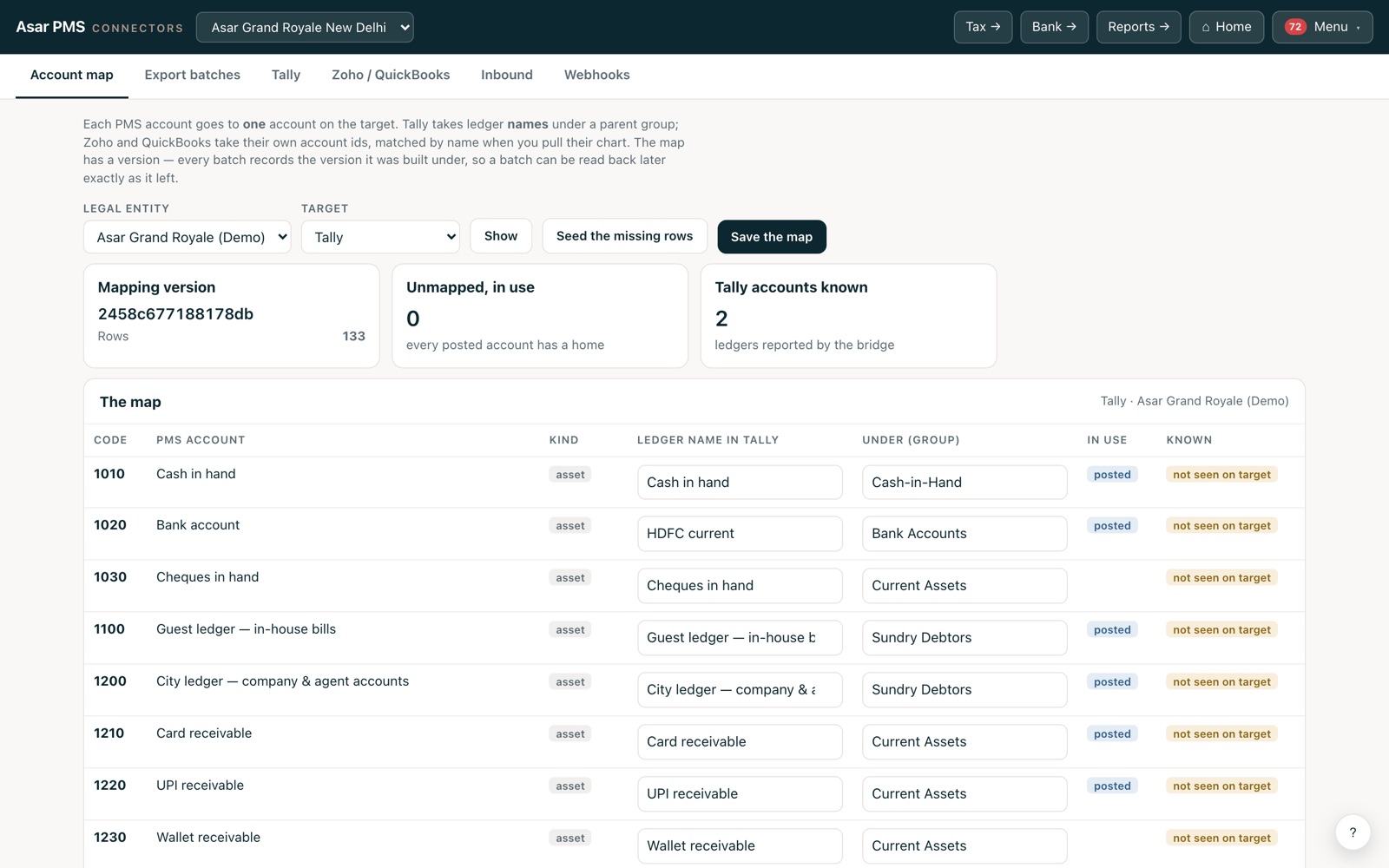 The connectors screen on the Account map tab: legal entity and target selectors, the mapping version and row count, and the map from PMS account codes to Tally ledger names under their groups.