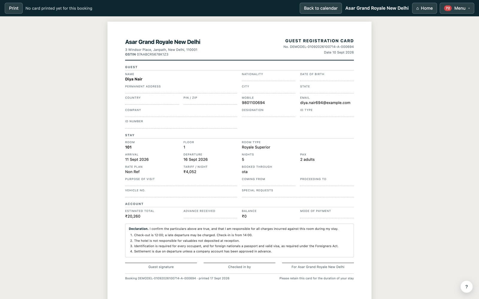 A guest registration card for a demo booking: hotel name and GSTIN, guest details, room, arrival and departure, tariff per night, the estimated total and the declaration the guest signs.
