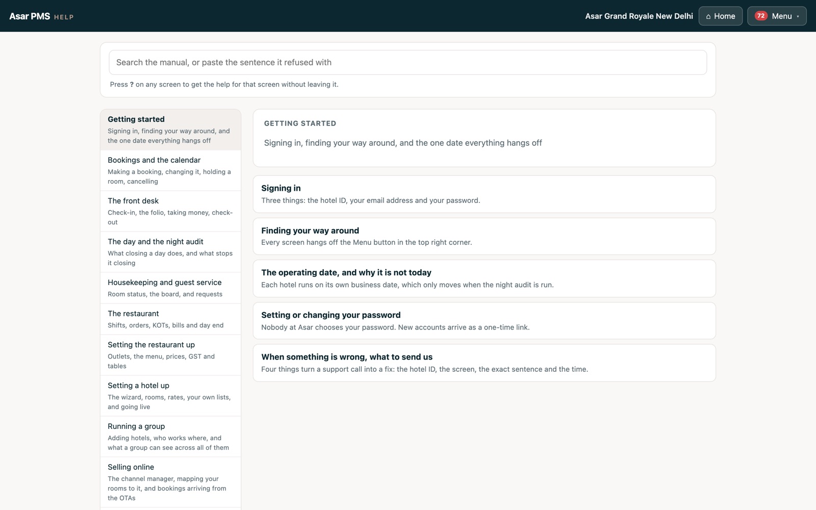The help screen: a search box that also accepts a refusal sentence, and sections from Getting started through the front desk, the day, housekeeping, the restaurant and running a group.