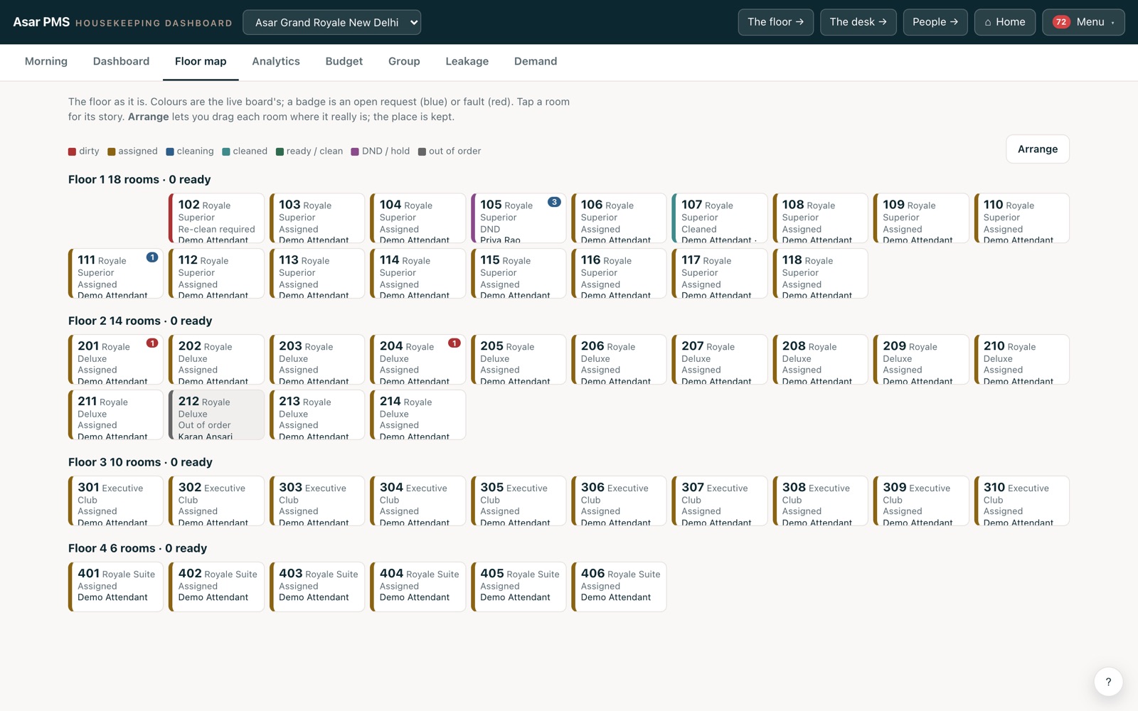 The housekeeping floor map: every room on every floor as a tile coloured by its live state, with badges for open requests and faults.