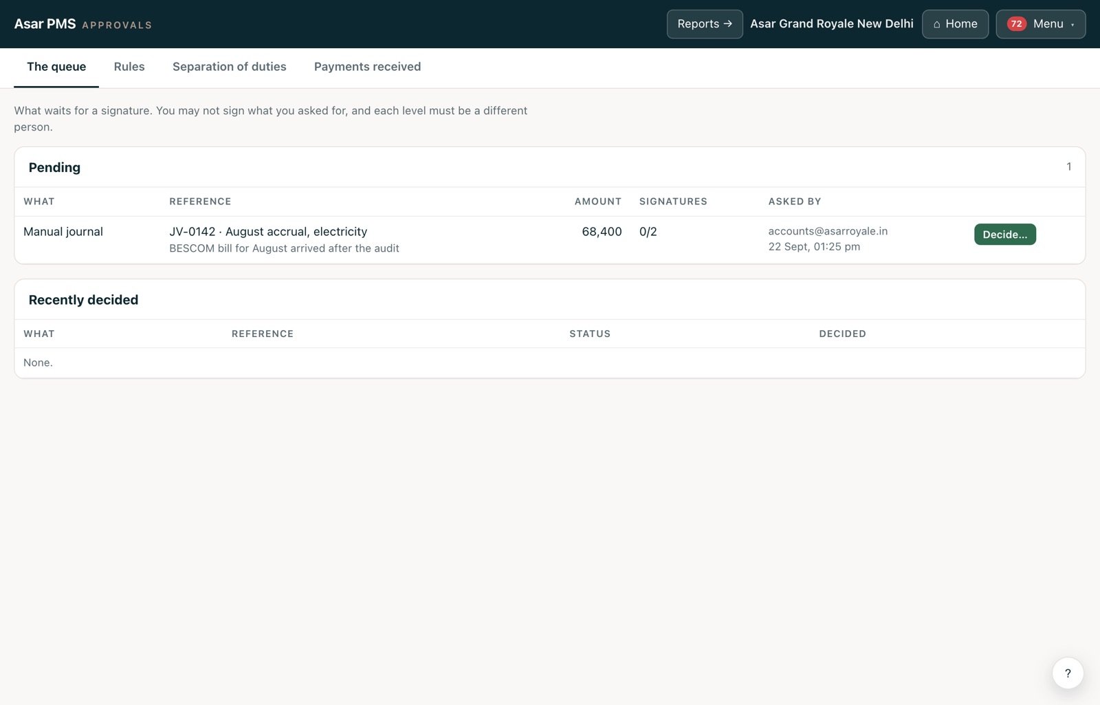 The Approvals screen with a manual journal waiting for two signatures.