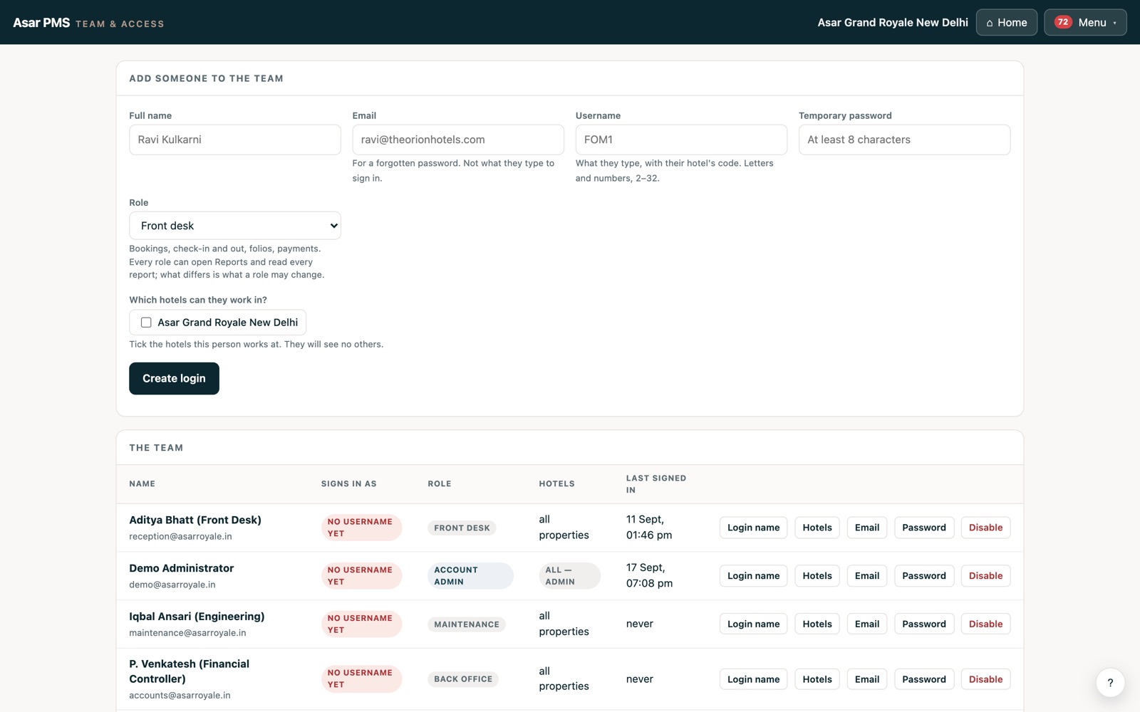 The team screen: a form to add someone with a role and the hotels they may work in, and the team list with each person’s role, hotels and last sign-in.